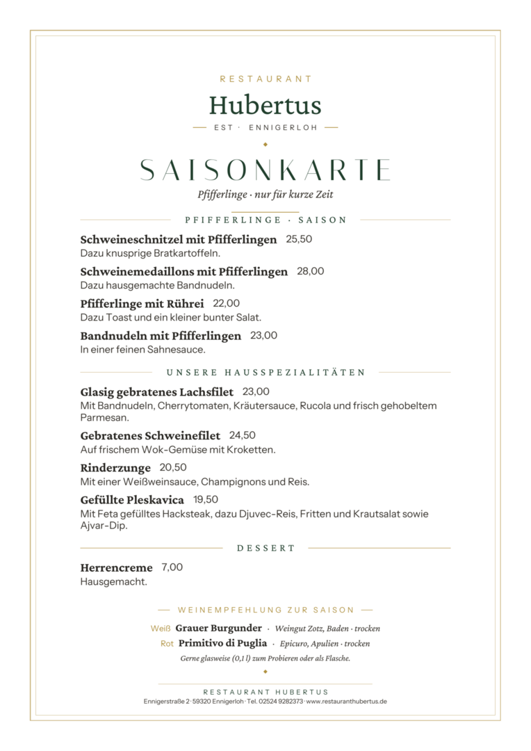 Saisonkarte Restaurant Hubertus Ennigerloh – Pfifferlinge, nur für kurze Zeit